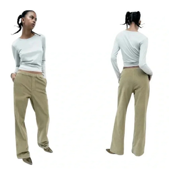 Zara Corduroy Green Pants Pull-on Wide leg Size 2 - Picture 1 of 9